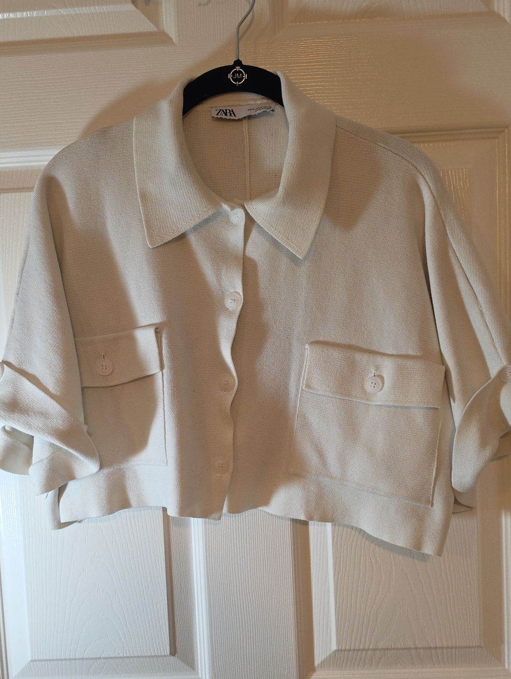 Zara White Cropped Button-Front Shirt Jacket